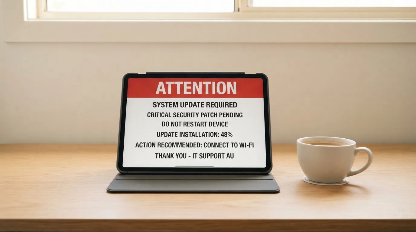 A tablet screen displaying an official regulator warning notice on a desk beside a coffee cup.