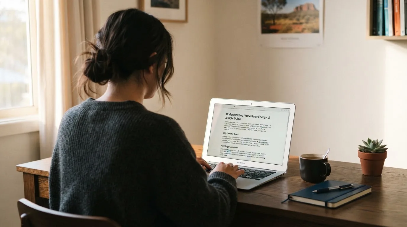 A person at a laptop reading a plain-language explainer article at a home desk.