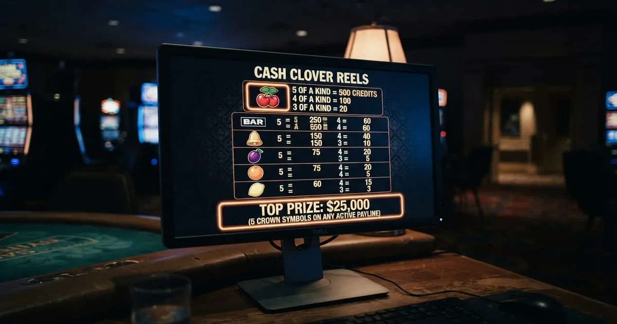 A slot machine's paytable screen glowing on a monitor in a dim room.