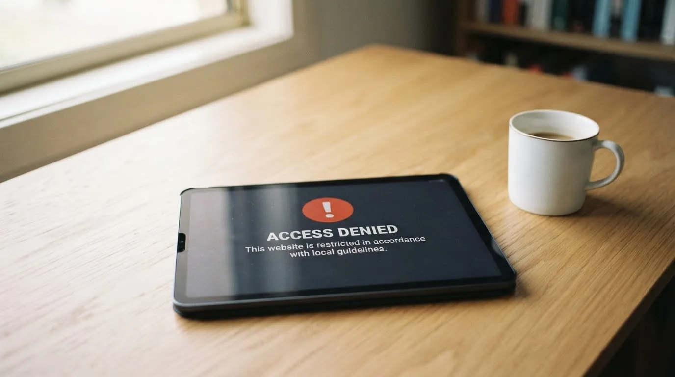 A tablet screen displaying an official regulator warning notice on a desk beside a coffee cup.