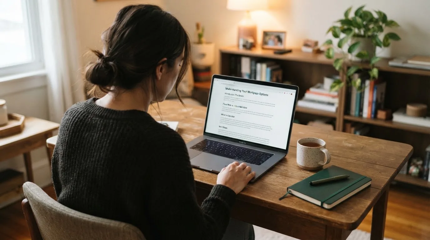 A person at a laptop reading a plain-language explainer article at a home desk.