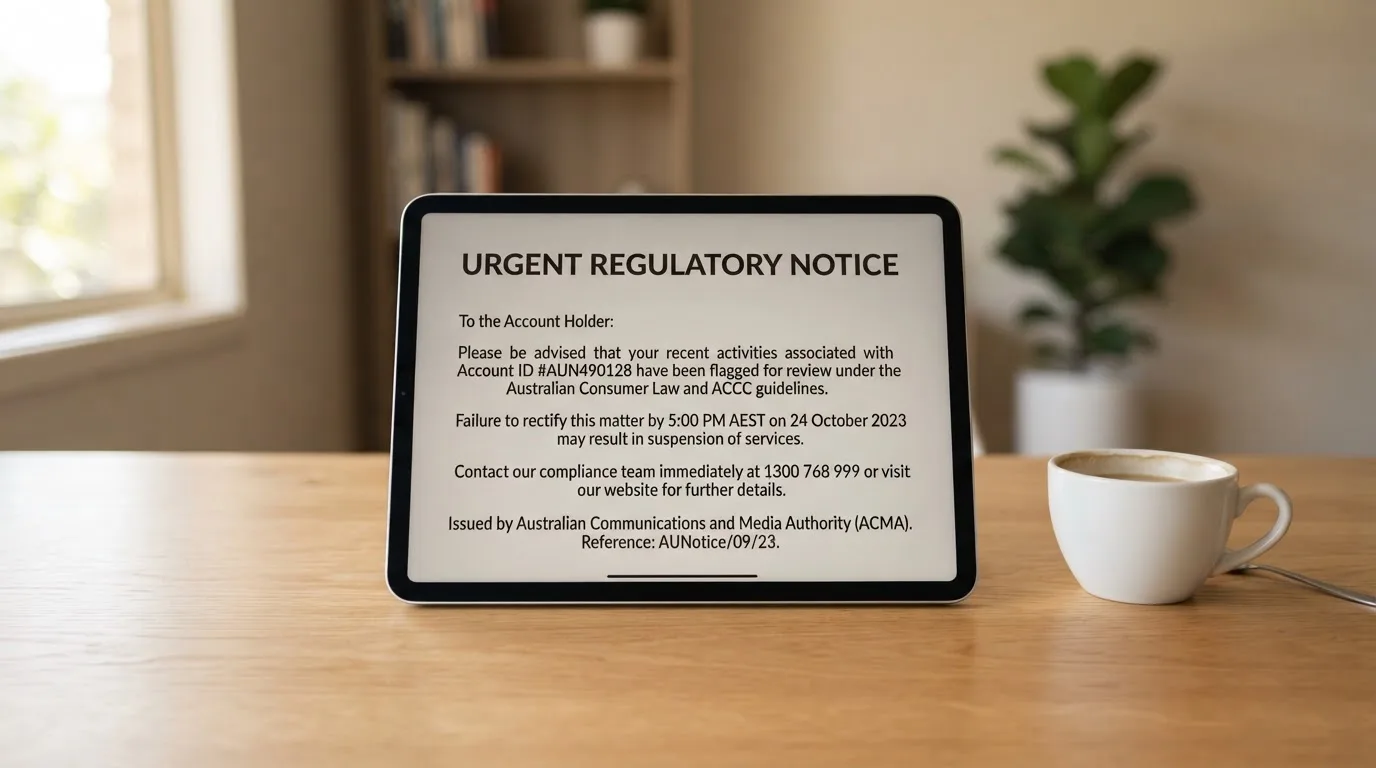 A tablet screen displaying an official regulator warning notice on a desk beside a coffee cup.