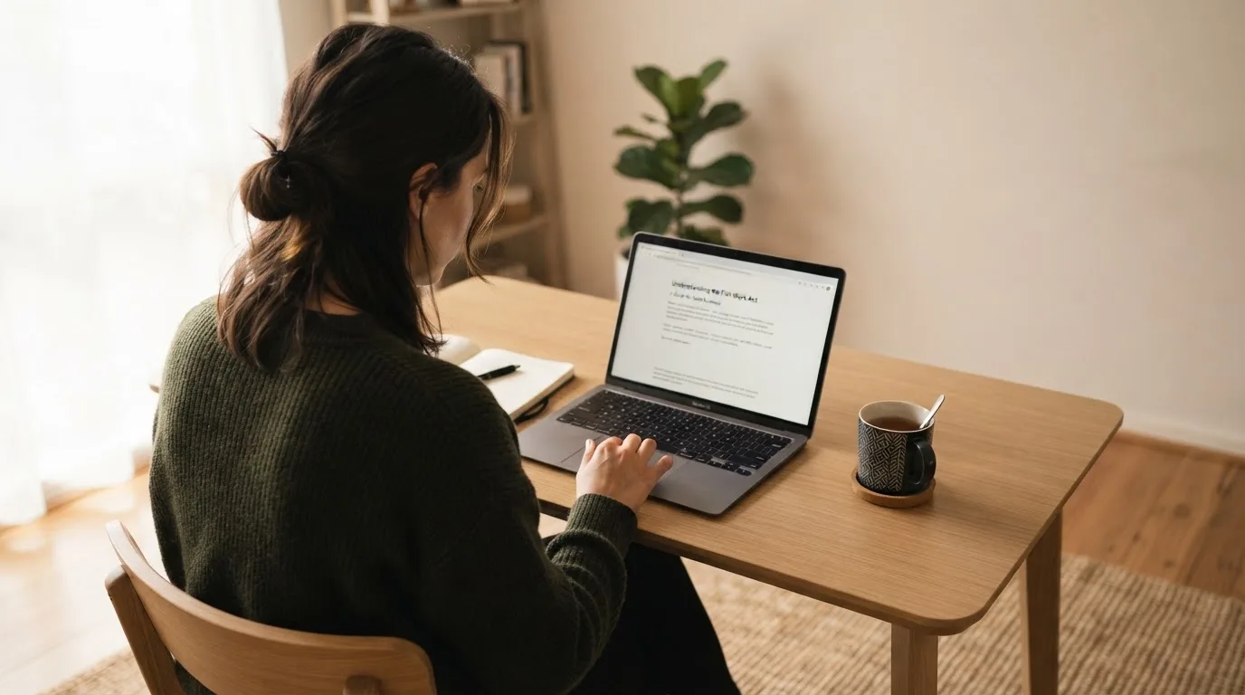 A person at a laptop reading a plain-language explainer article at a home desk.
