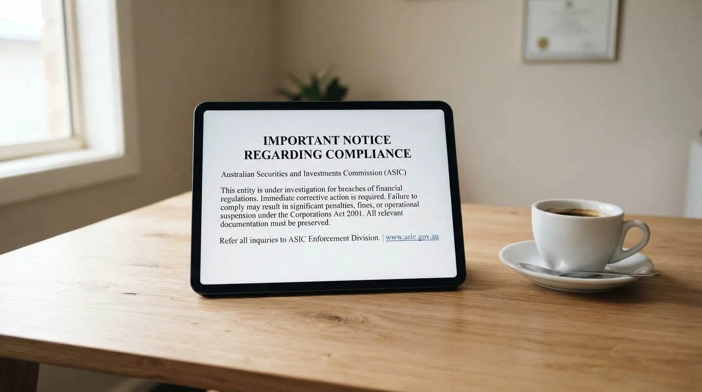 A tablet screen displaying an official regulator warning notice on a desk beside a coffee cup.