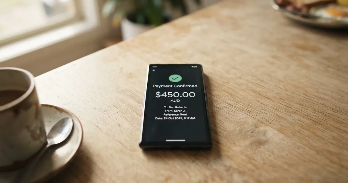A close-up of a banking app on a smartphone showing a same-day transfer confirmation on a kitchen table.