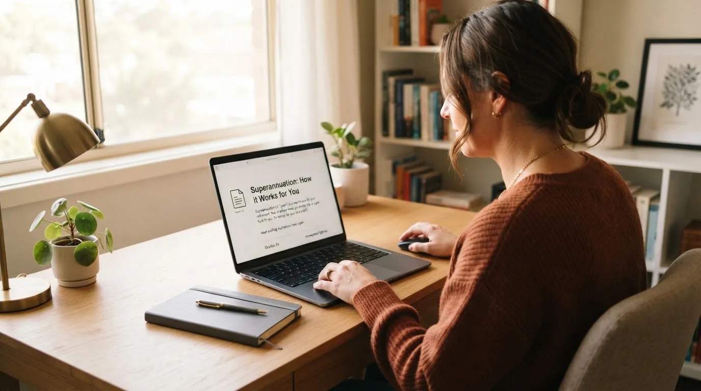 A person at a laptop reading a plain-language explainer article at a home desk.