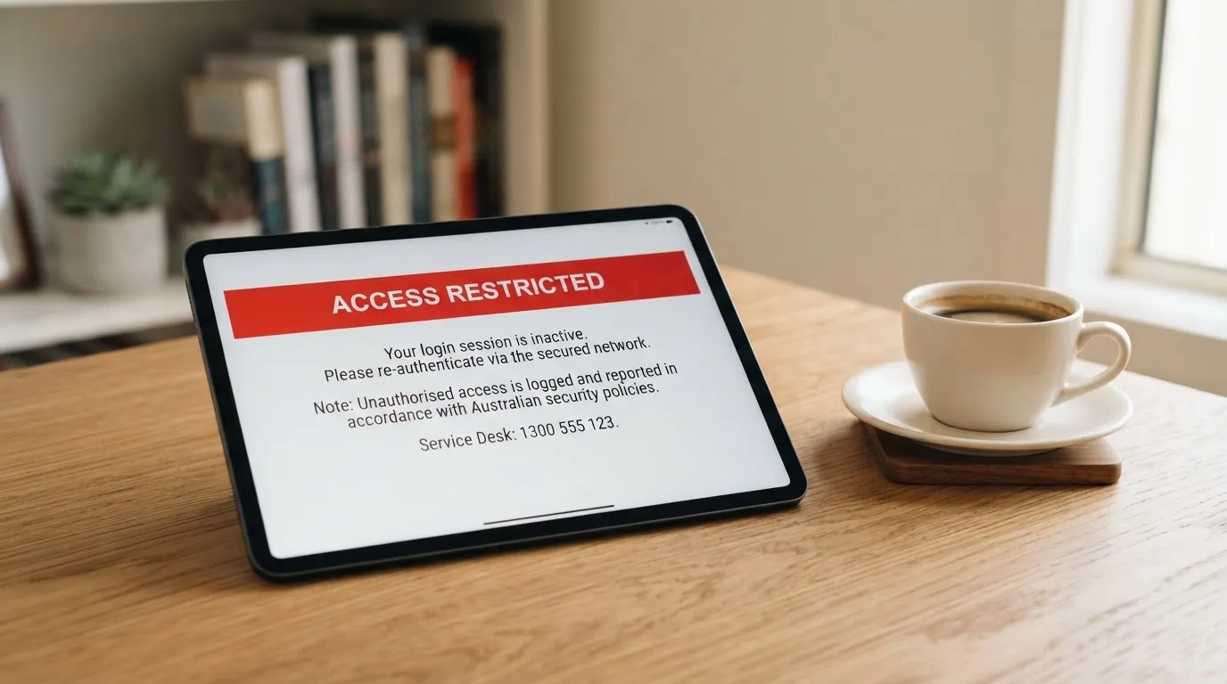A tablet screen displaying an official regulator warning notice on a desk beside a coffee cup.