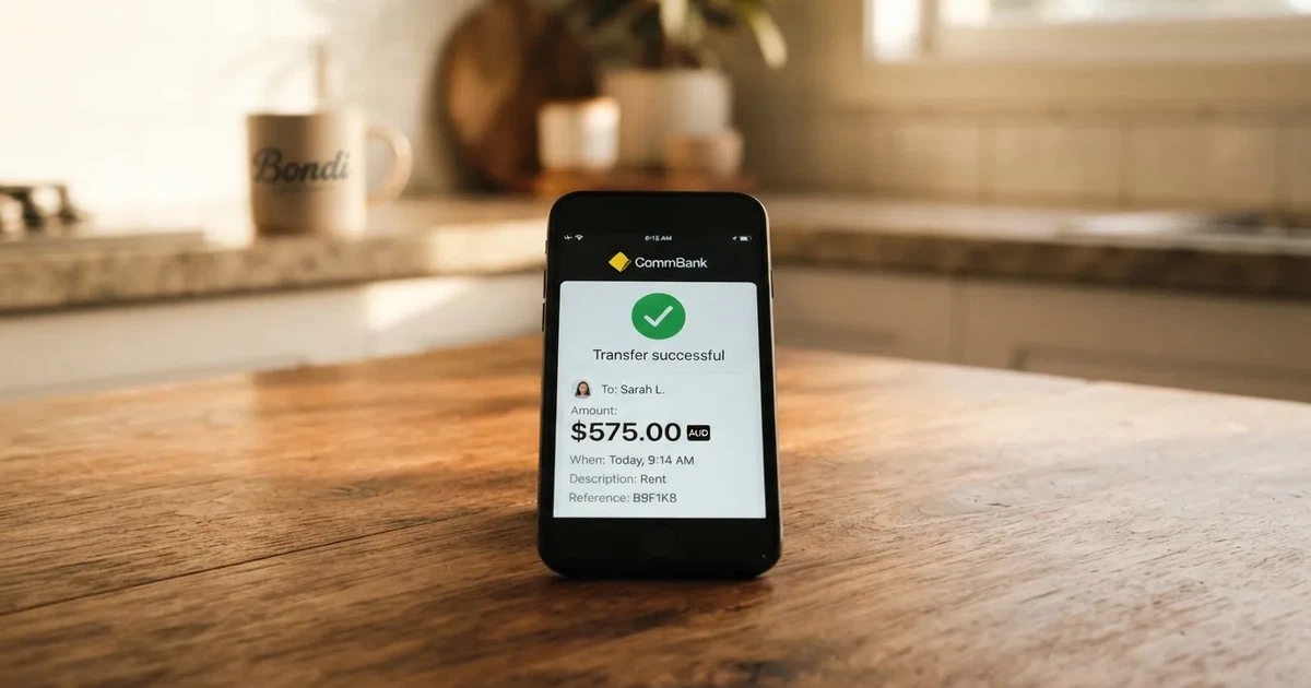 A close-up of a banking app on a smartphone showing a same-day transfer confirmation on a kitchen table.