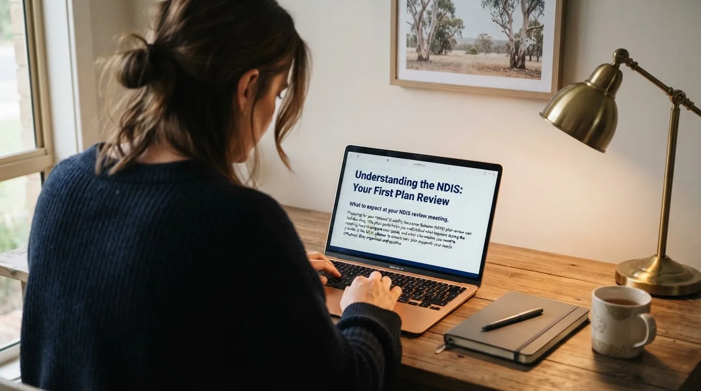 A person at a laptop reading a plain-language explainer article at a home desk.