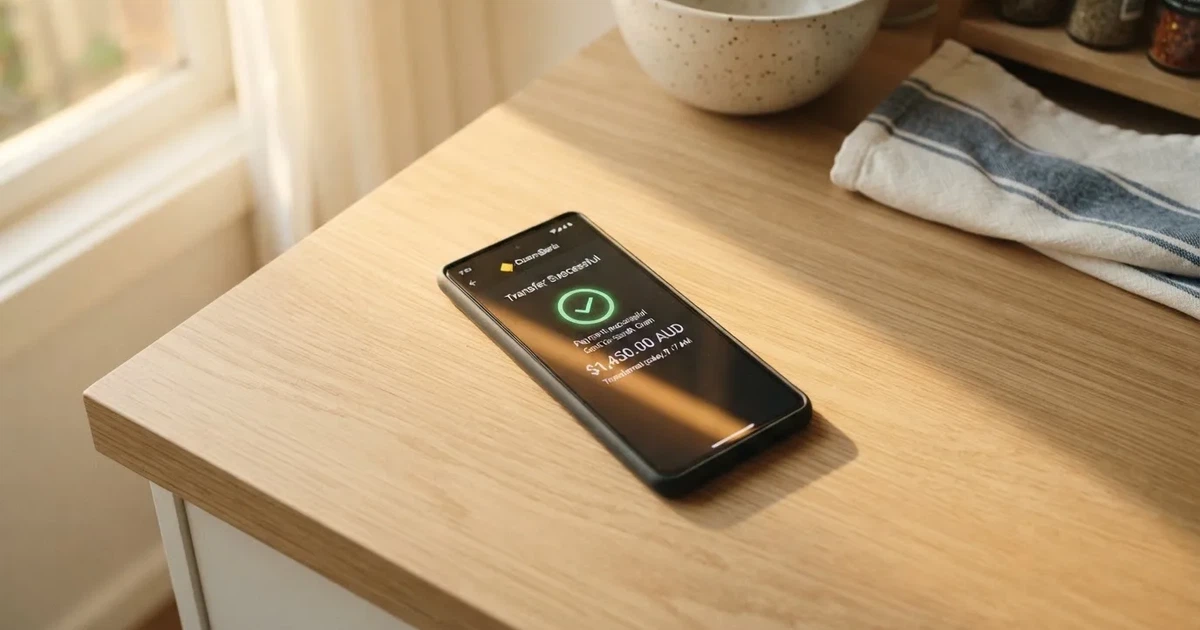 A close-up of a banking app on a smartphone showing a same-day transfer confirmation on a kitchen table.