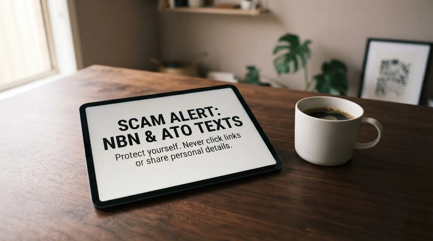 A tablet screen displaying an official regulator warning notice on a desk beside a coffee cup.