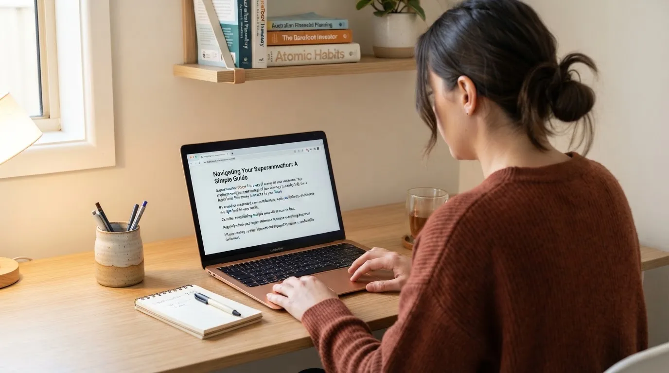 A person at a laptop reading a plain-language explainer article at a home desk.