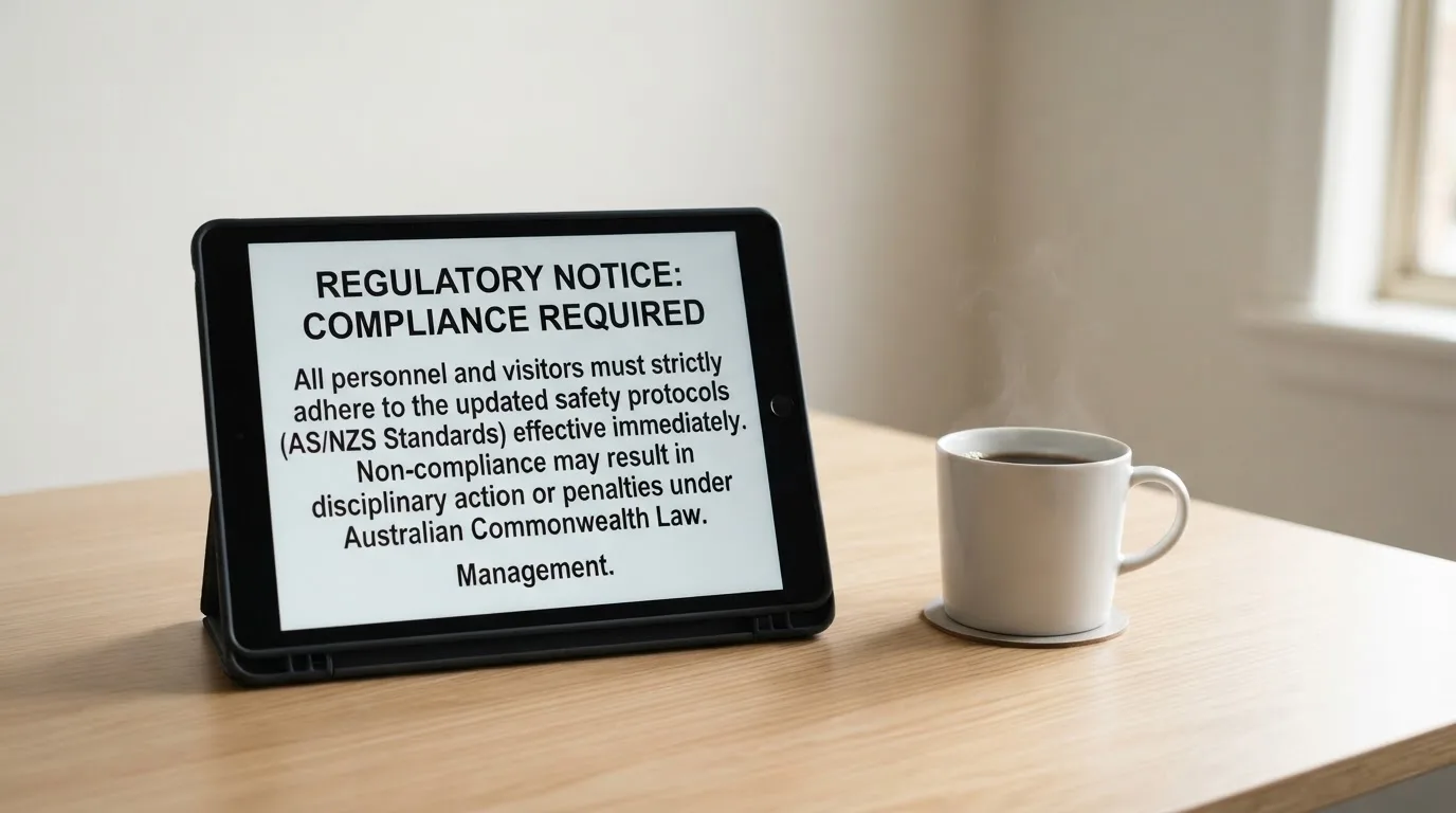 A tablet screen displaying an official regulator warning notice on a desk beside a coffee cup.