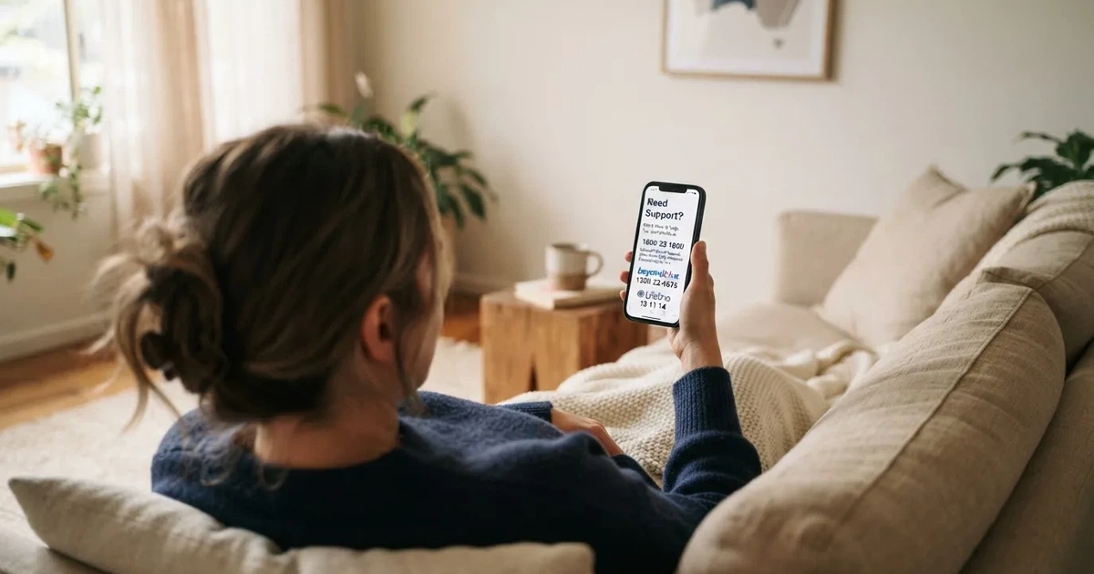A person looking at a support helpline page on a phone while sitting on a couch.
