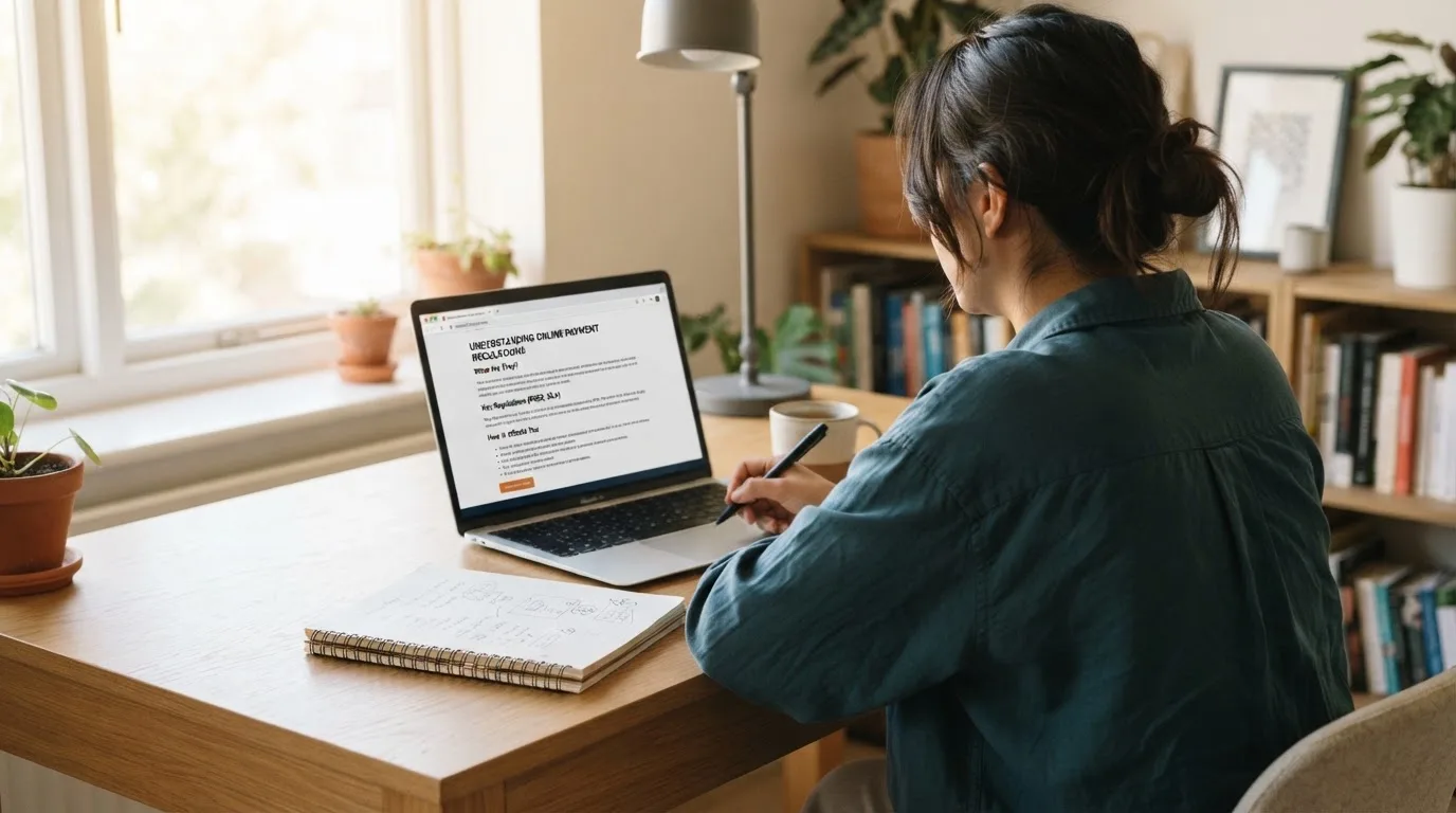 A person at a laptop reading a plain-language explainer article at a home desk.