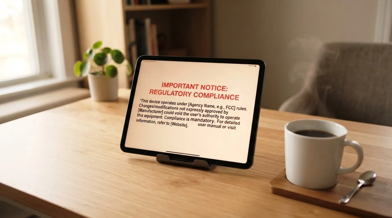 A tablet screen displaying an official regulator warning notice on a desk beside a coffee cup.