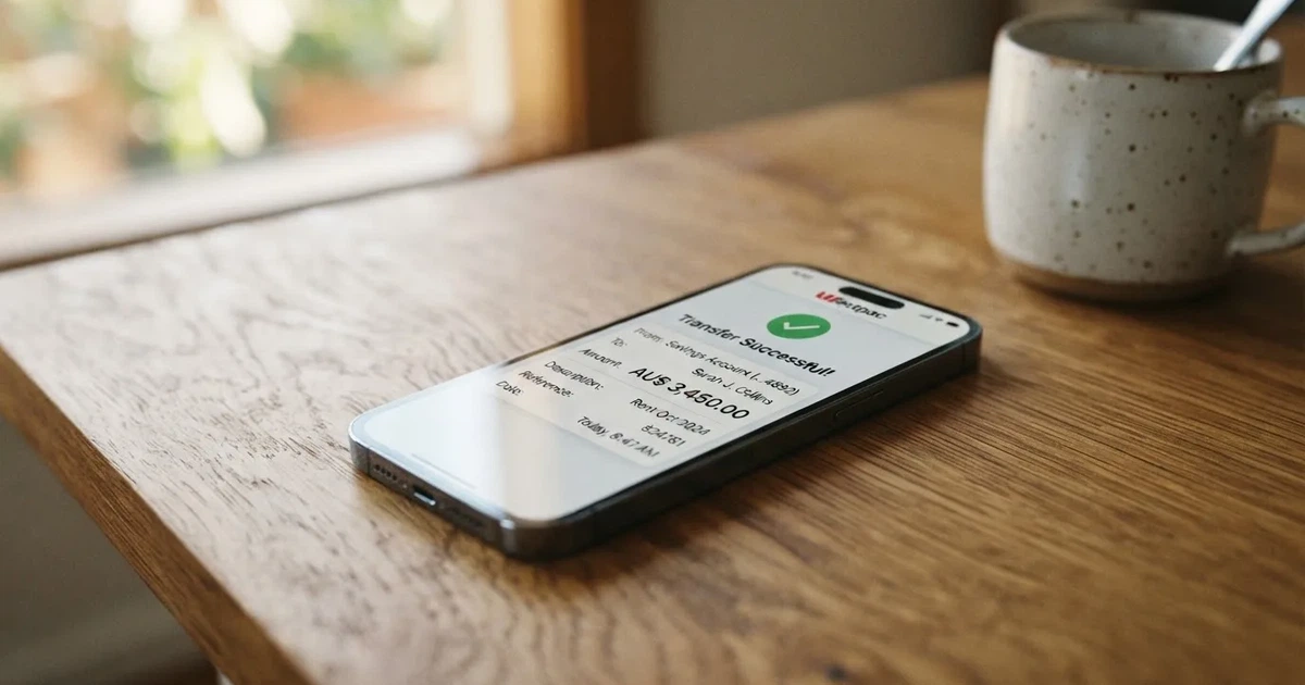 A close-up of a banking app on a smartphone showing a same-day transfer confirmation on a kitchen table.