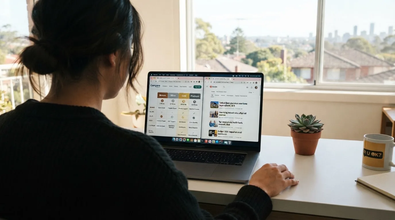 A laptop screen split between two browser tabs, one showing a comparison table and the other a search results page.
