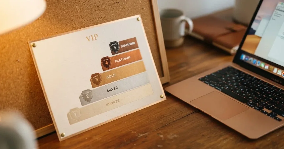 A gold-coloured tier chart pinned to a corkboard next to a laptop keyboard.