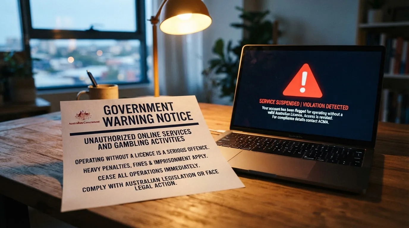 A printed government warning notice on a desk beside a laptop with a red alert icon on the screen.