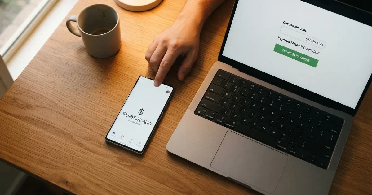 A smartphone screen showing a digital wallet balance next to a laptop cashier page.