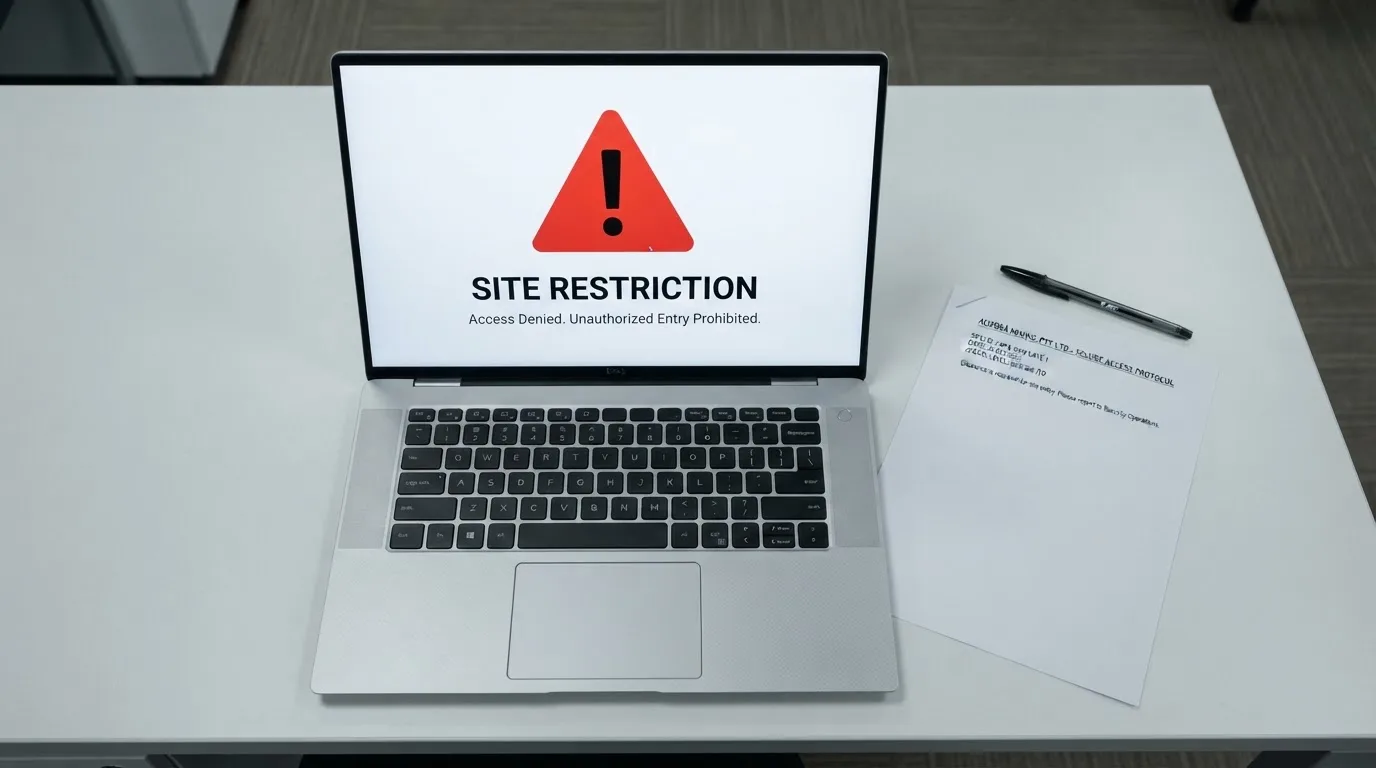 A printed government warning notice on a desk beside a laptop with a red alert icon on the screen.