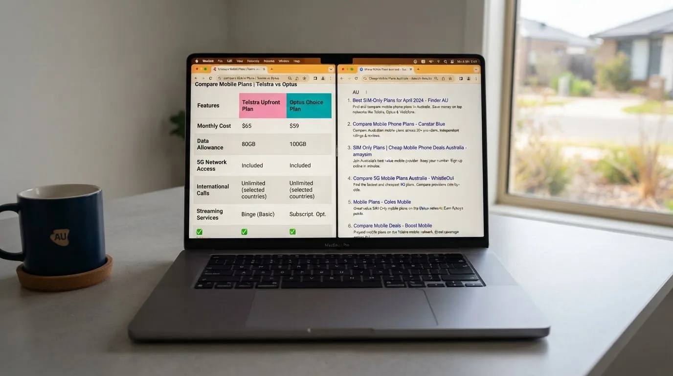 A laptop screen split between two browser tabs, one showing a comparison table and the other a search results page.