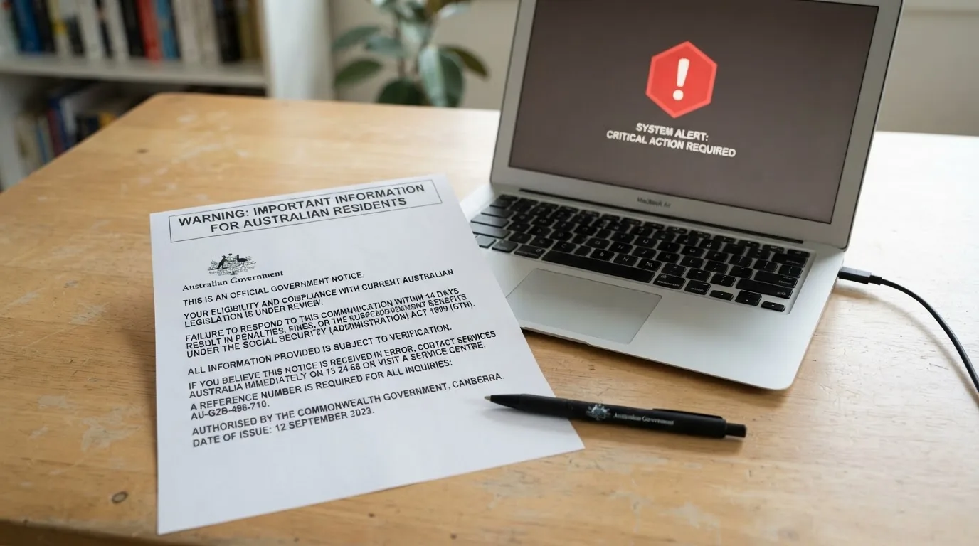 A printed government warning notice on a desk beside a laptop with a red alert icon on the screen.
