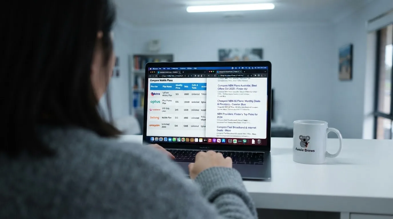 A laptop screen split between two browser tabs, one showing a comparison table and the other a search results page.