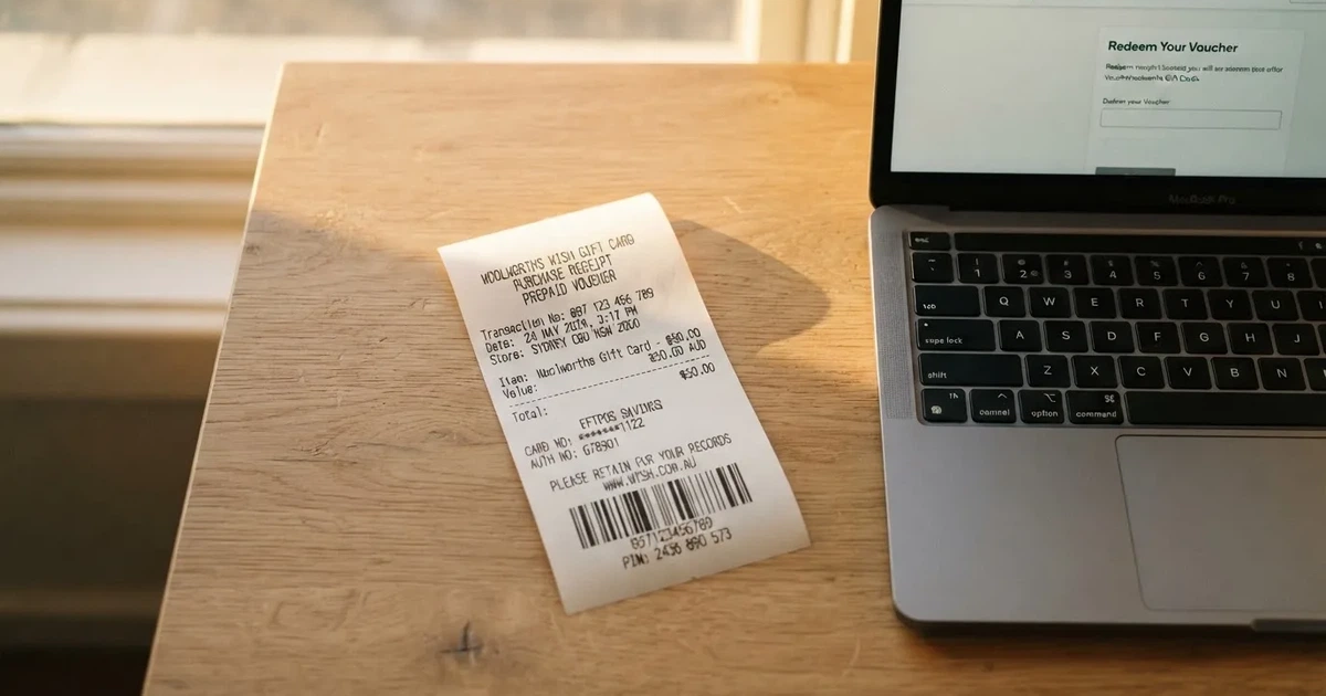 A printed prepaid voucher receipt lying beside a laptop keyboard.