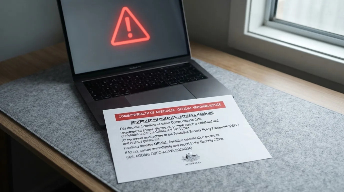 A printed government warning notice on a desk beside a laptop with a red alert icon on the screen.