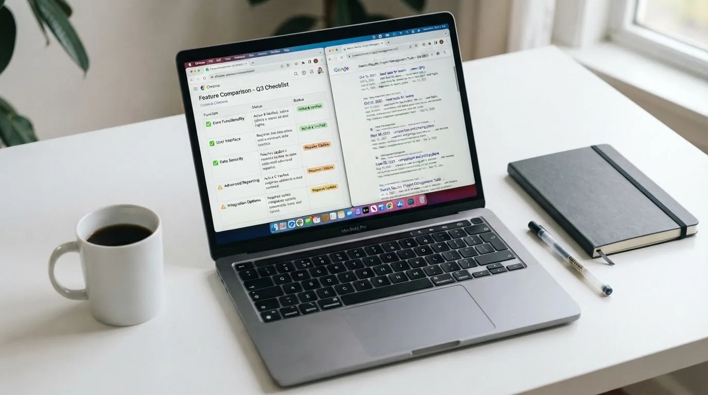 A laptop screen split between two browser tabs, one showing a comparison table and the other a search results page.