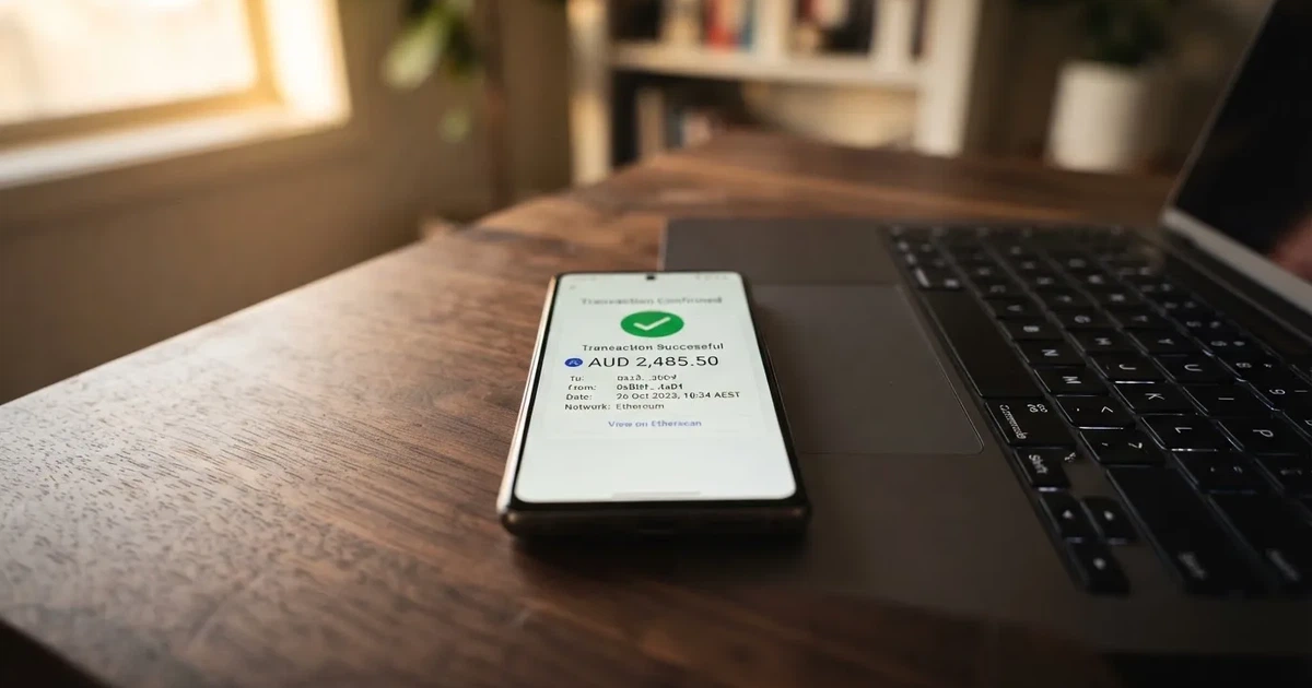 A phone displaying a blockchain transaction confirmation screen next to a laptop keyboard.