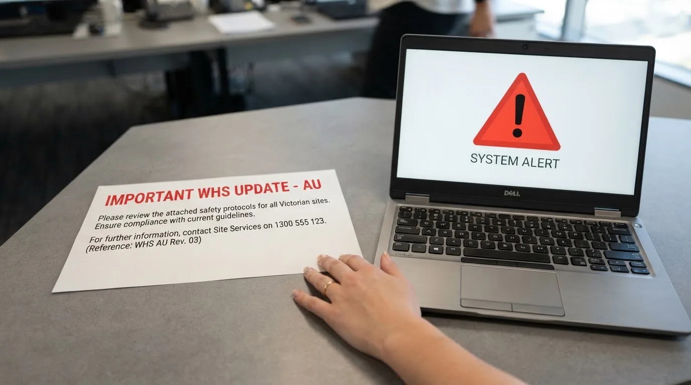A printed government warning notice on a desk beside a laptop with a red alert icon on the screen.