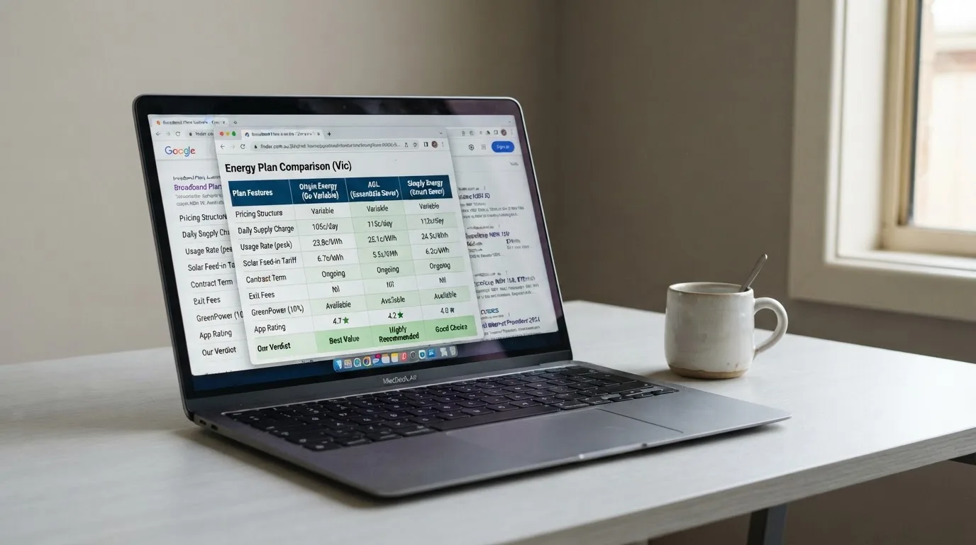 A laptop screen split between two browser tabs, one showing a comparison table and the other a search results page.