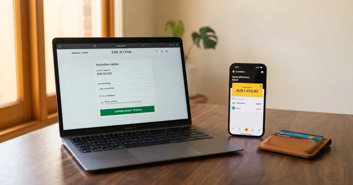 A smartphone screen showing a digital wallet balance next to a laptop cashier page.