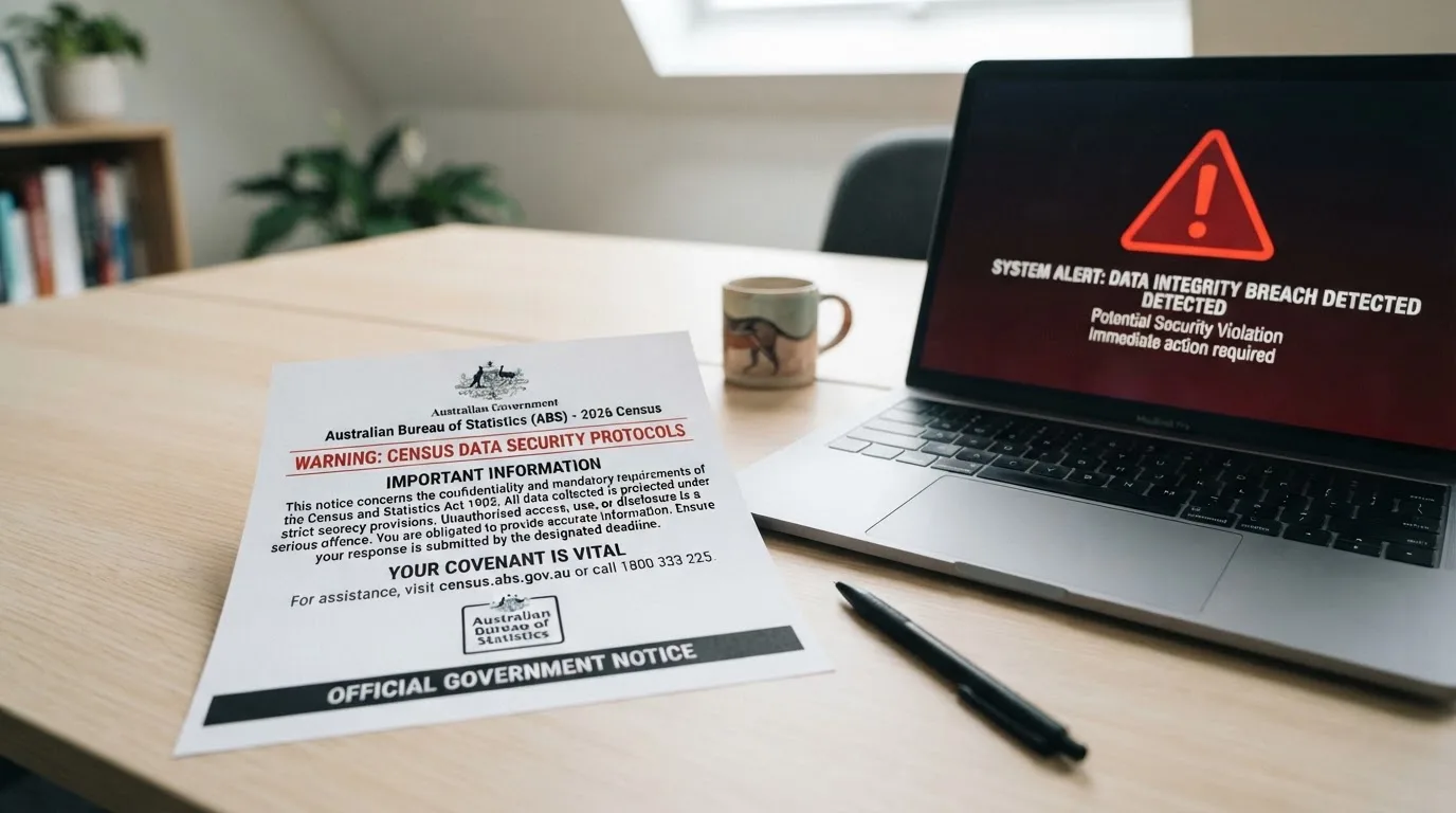 A printed government warning notice on a desk beside a laptop with a red alert icon on the screen.