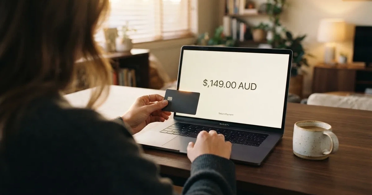A hand holding a bank card next to a laptop showing an online payment form.