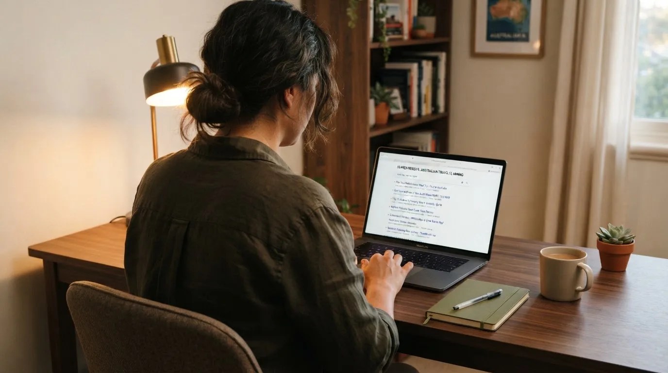 A laptop screen split between two browser tabs, one showing a comparison table and the other a search results page.