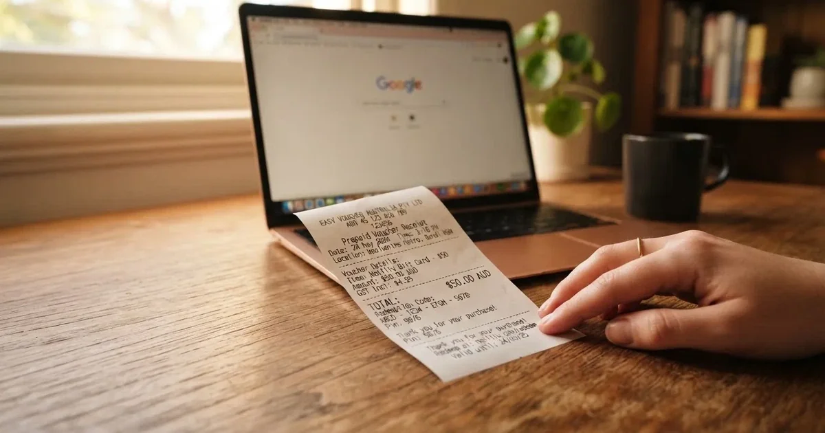 A printed prepaid voucher receipt lying beside a laptop keyboard.