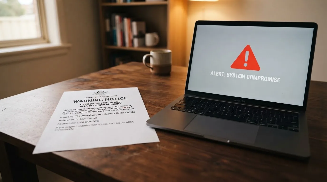 A printed government warning notice on a desk beside a laptop with a red alert icon on the screen.