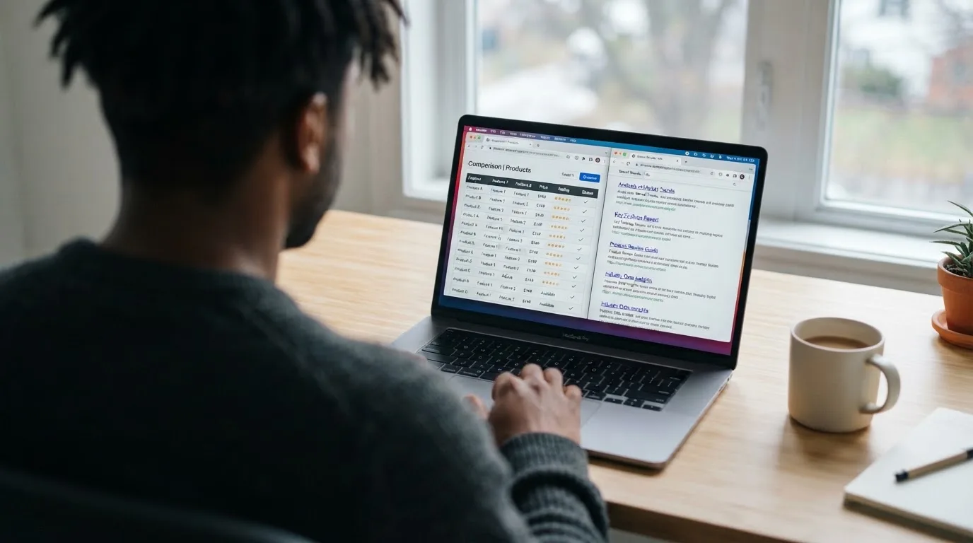 A laptop screen split between two browser tabs, one showing a comparison table and the other a search results page.