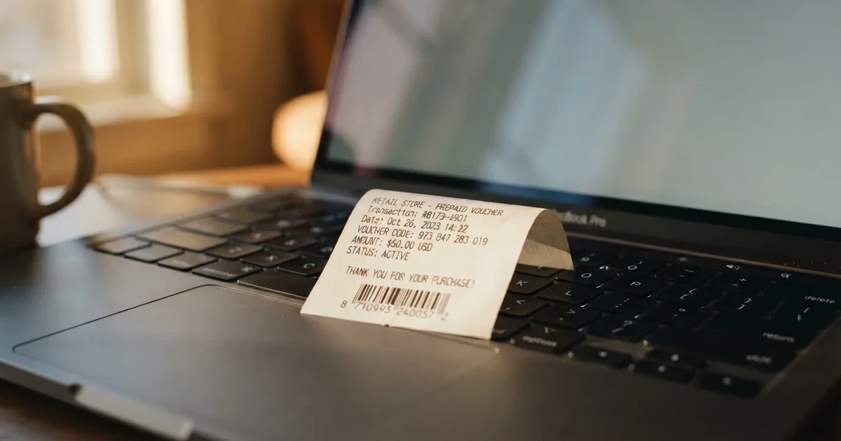 A printed prepaid voucher receipt lying beside a laptop keyboard.