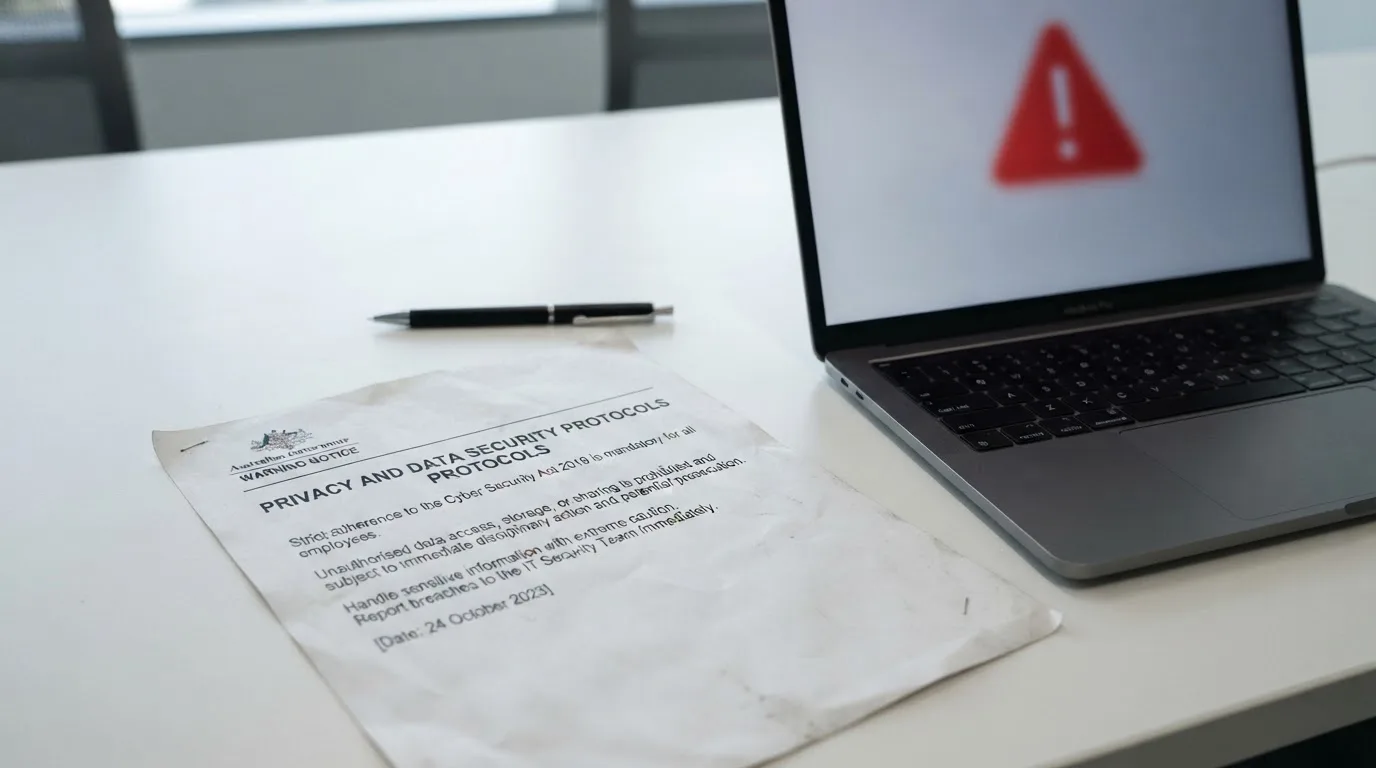 A printed government warning notice on a desk beside a laptop with a red alert icon on the screen.