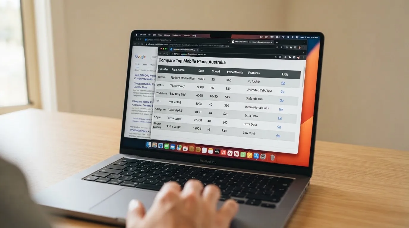 A laptop screen split between two browser tabs, one showing a comparison table and the other a search results page.