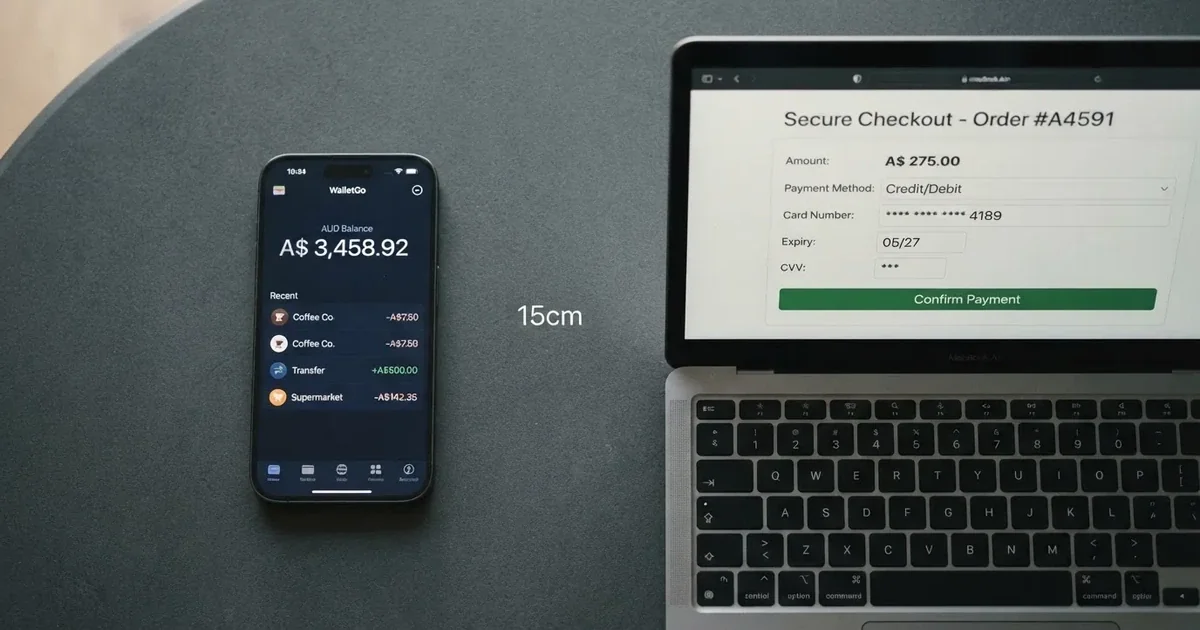 A smartphone screen showing a digital wallet balance next to a laptop cashier page.