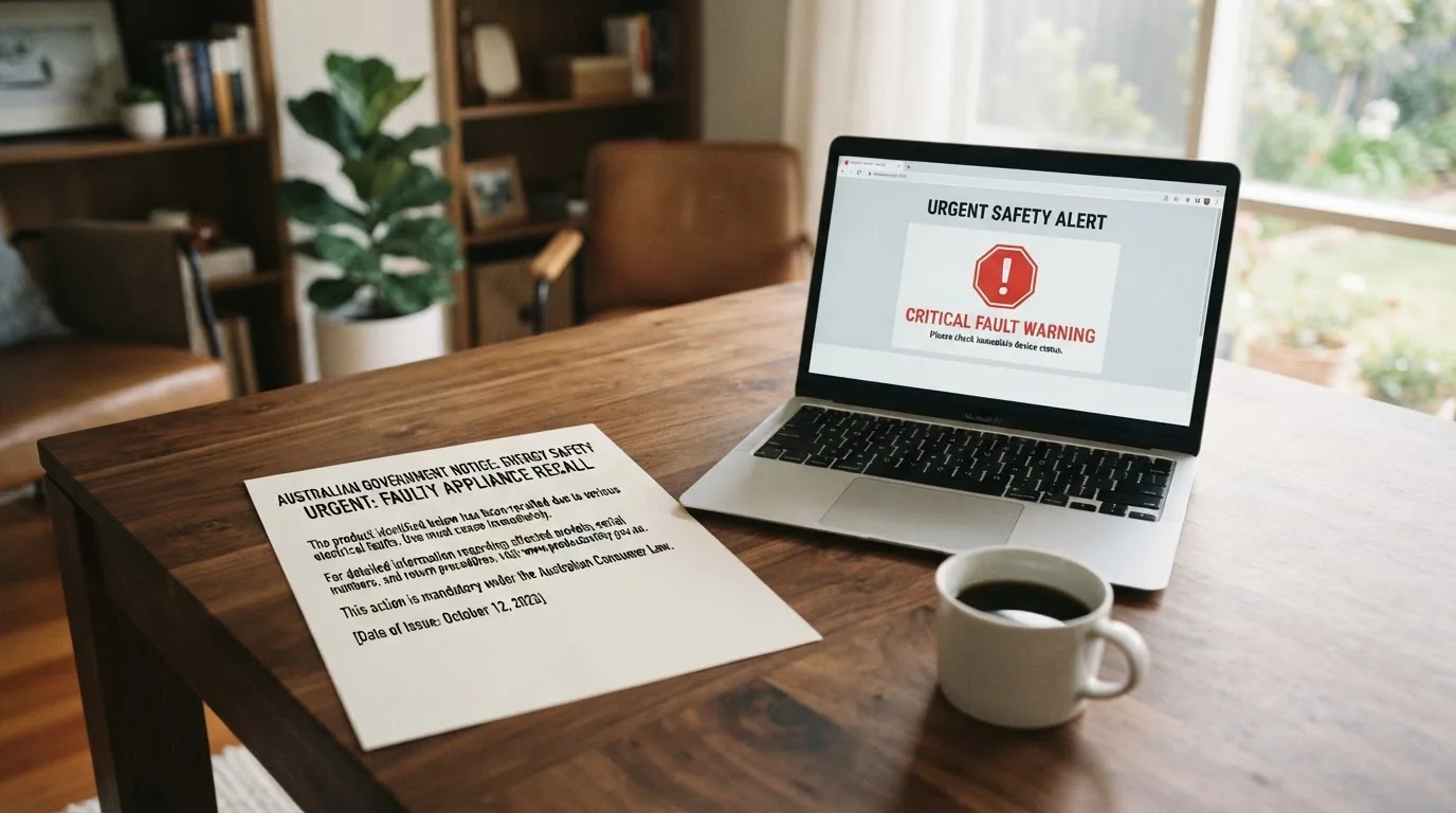 A printed government warning notice on a desk beside a laptop with a red alert icon on the screen.