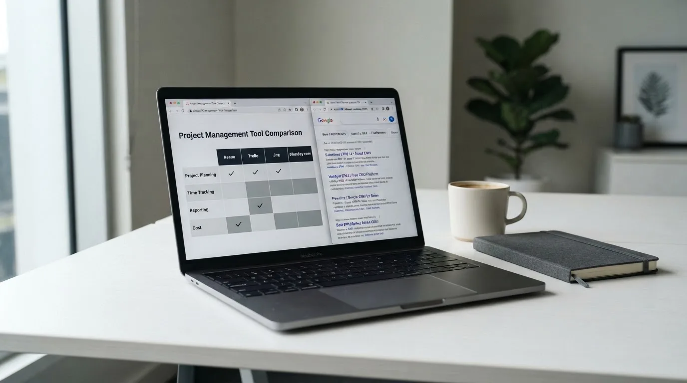 A laptop screen split between two browser tabs, one showing a comparison table and the other a search results page.
