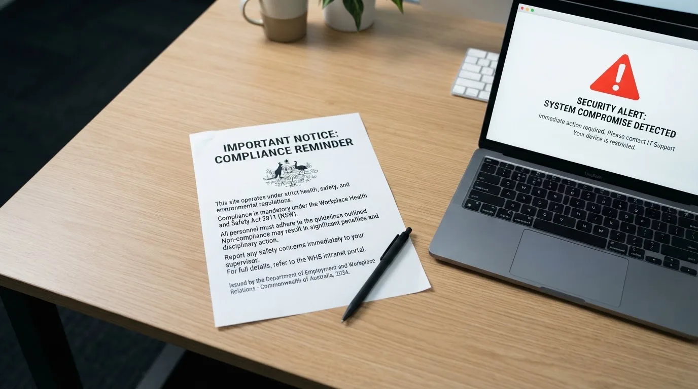 A printed government warning notice on a desk beside a laptop with a red alert icon on the screen.