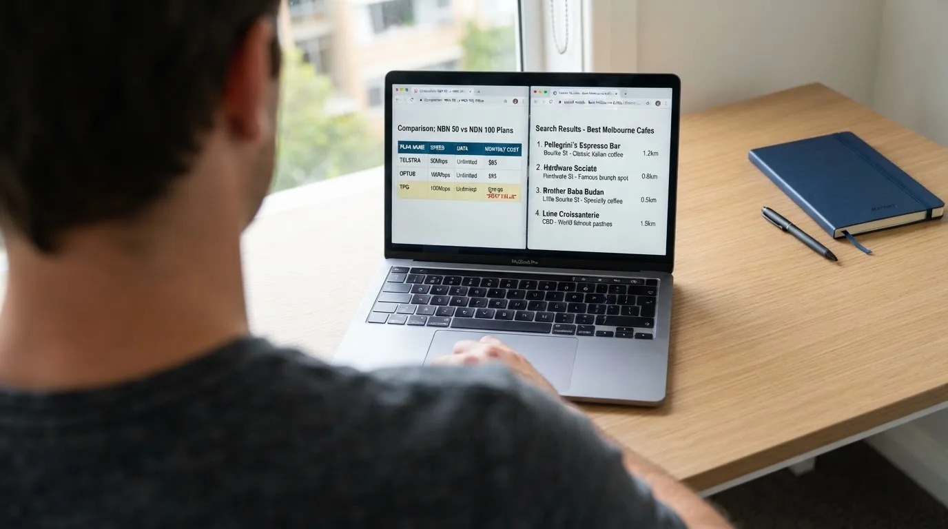 A laptop screen split between two browser tabs, one showing a comparison table and the other a search results page.